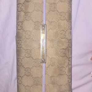 Gucci Beige Monogram Canvas Clutch with Lilac Trim